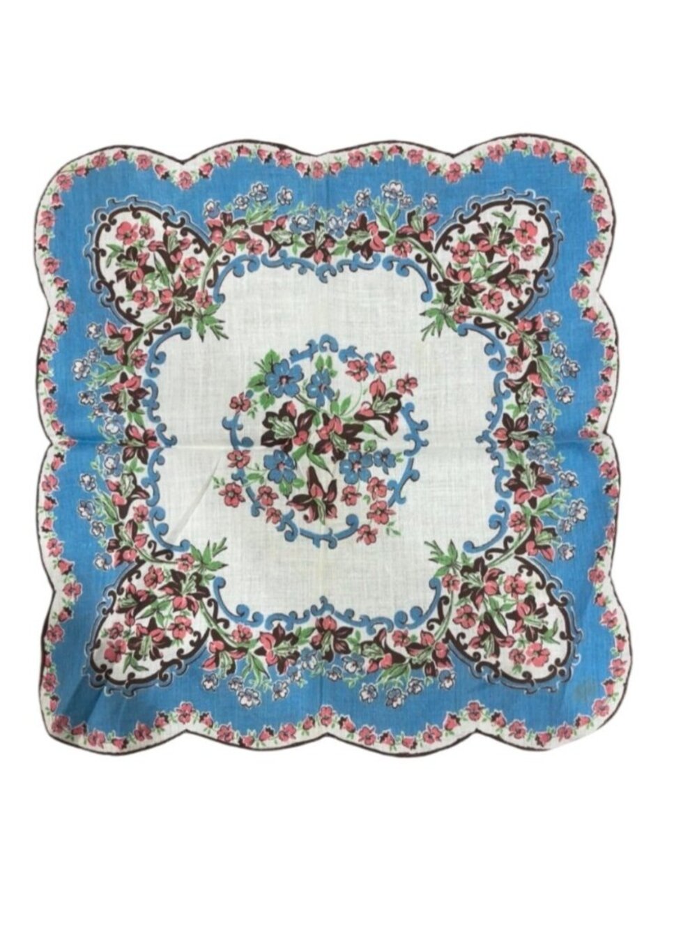Vintage 12x12 Blue White Floral Handkerchief Scalloped Edge Coquette Grandmacore